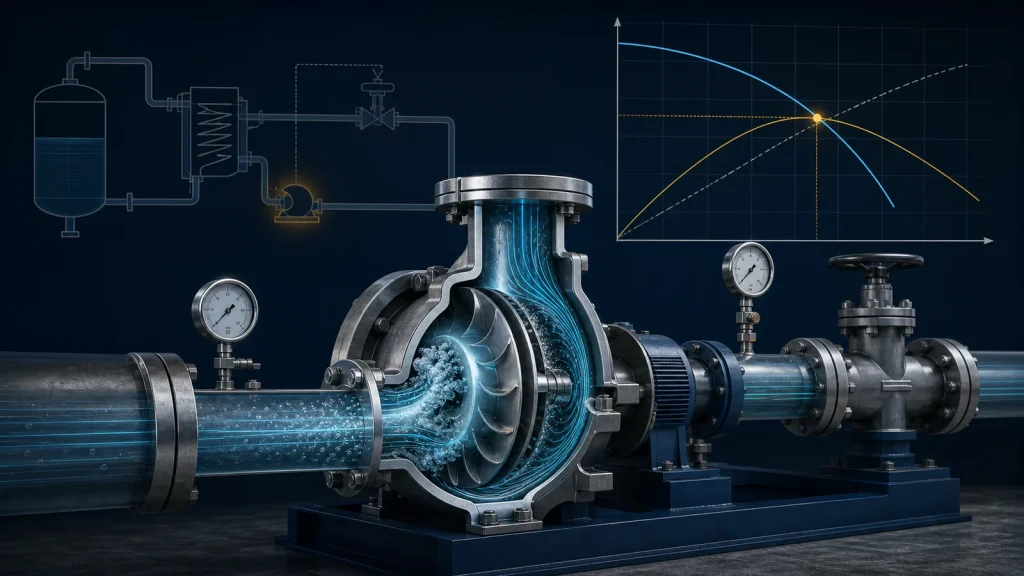 Centrifugal process pump cutaway showing possible cavitation and an off-curve operating point