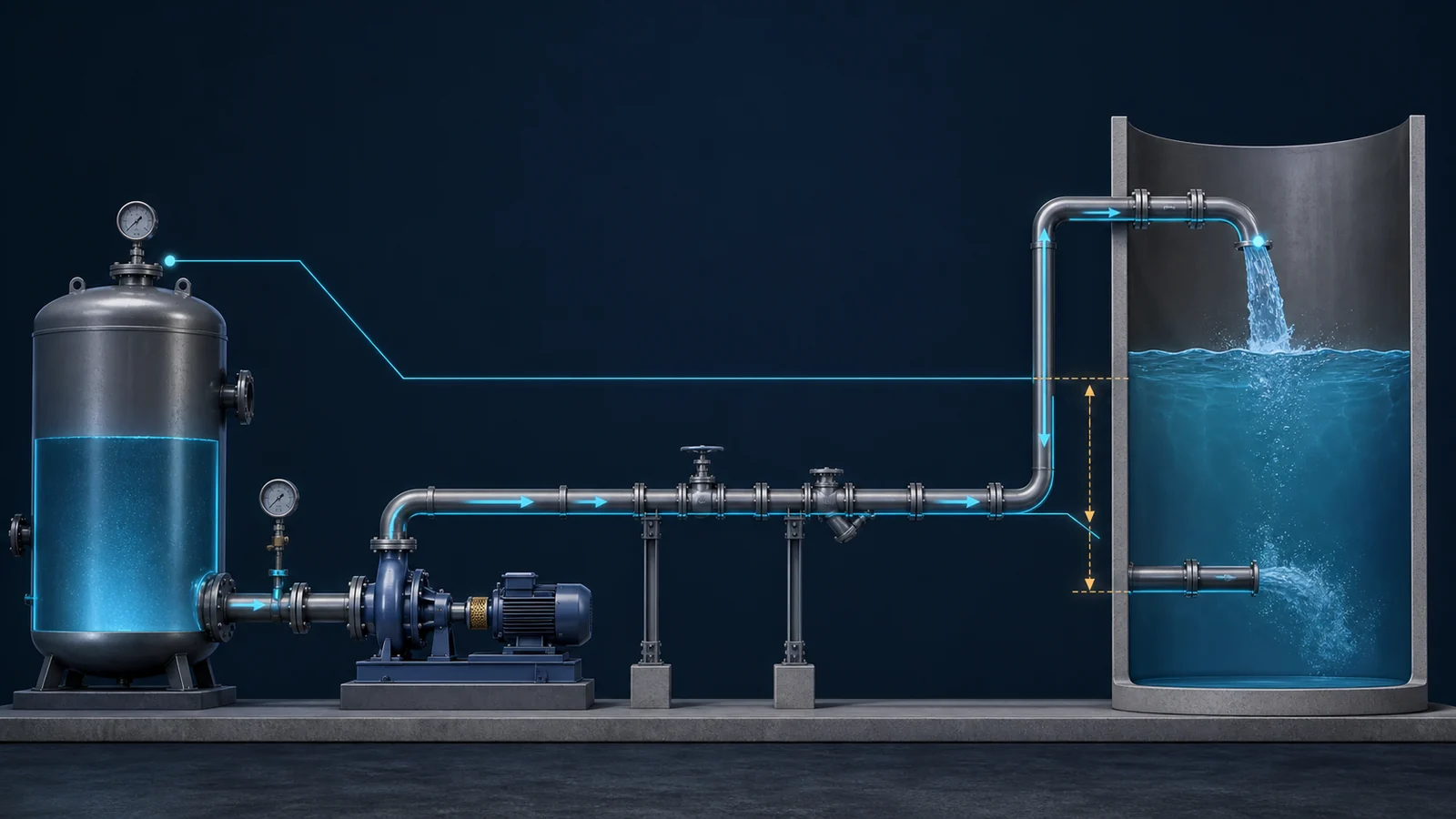 Pump system comparing a top free-discharge inlet and a lower submerged tank inlet