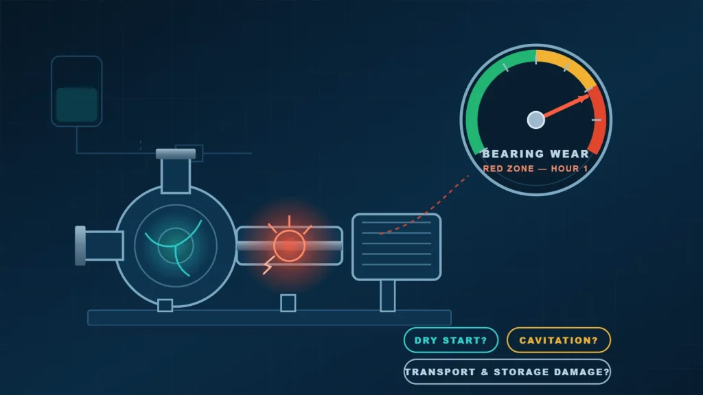 Concept illustration of a new process pump with its bearing wear indicator in the red zone