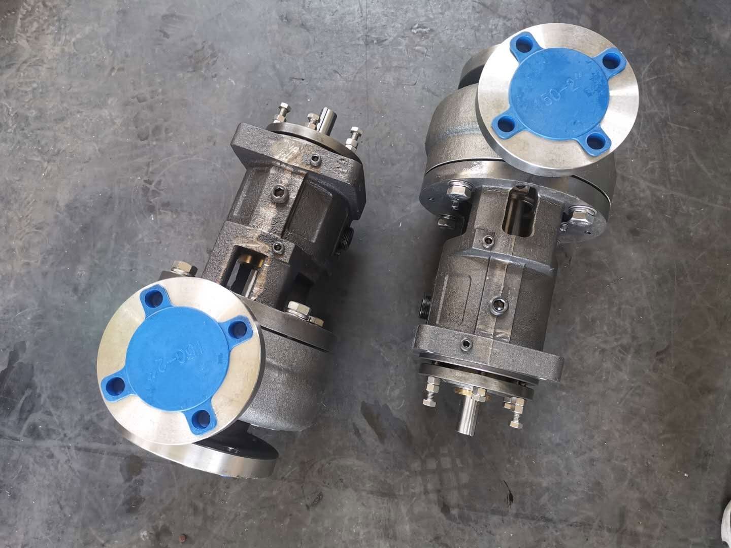 Top view of two YSM G196 bare-shaft pumps with flange protectors, Goulds 3196 STX replacement