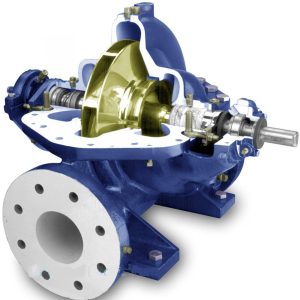 Cutaway of the YSM S series axially split double-suction pump, a non-OEM KSB Omega replacement, showing the bronze double-suction impeller, mechanical seal and stuffing box