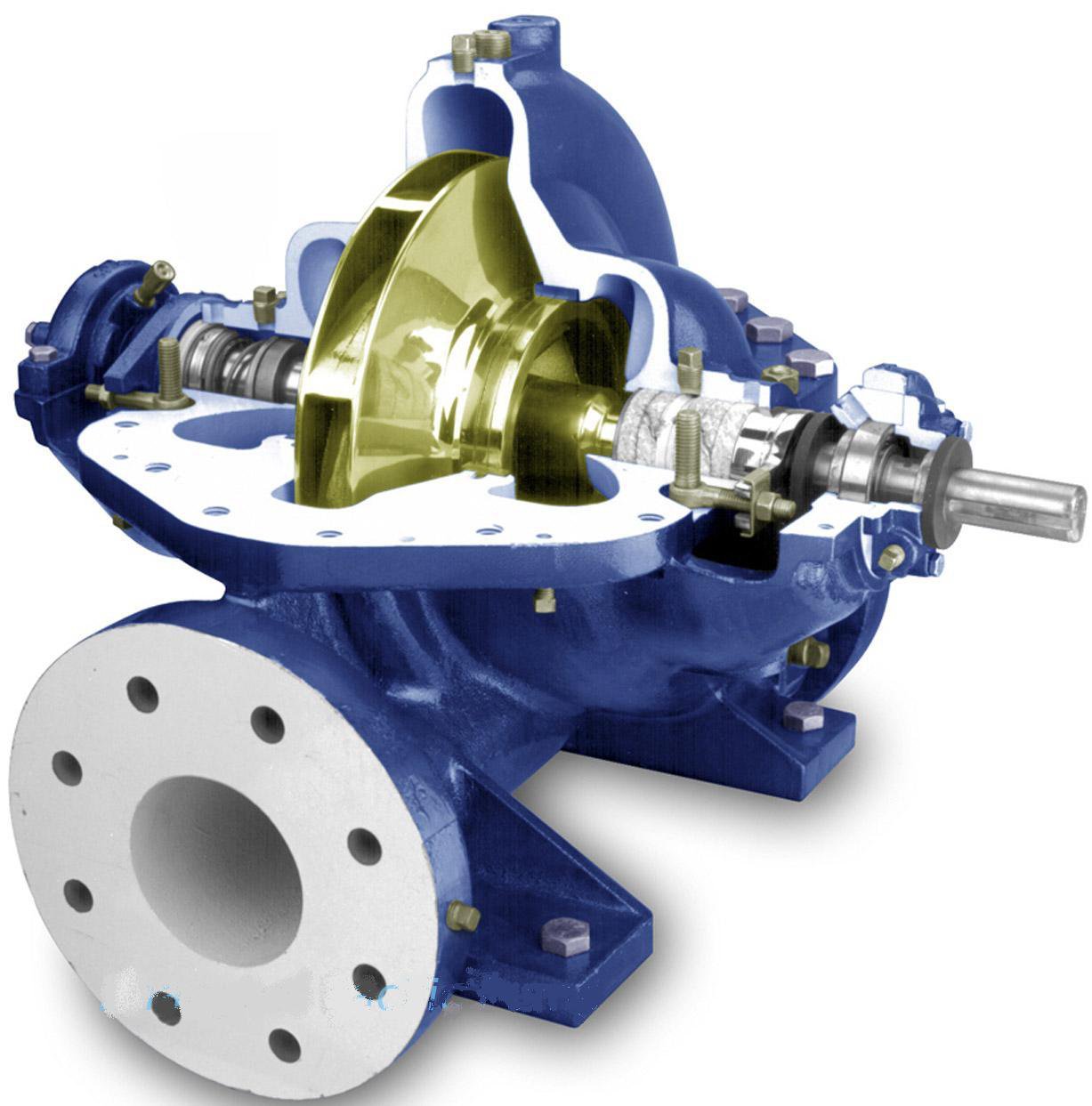Cutaway of the YSM S series axially split double-suction pump, a non-OEM KSB Omega replacement, showing the bronze double-suction impeller, mechanical seal and stuffing box